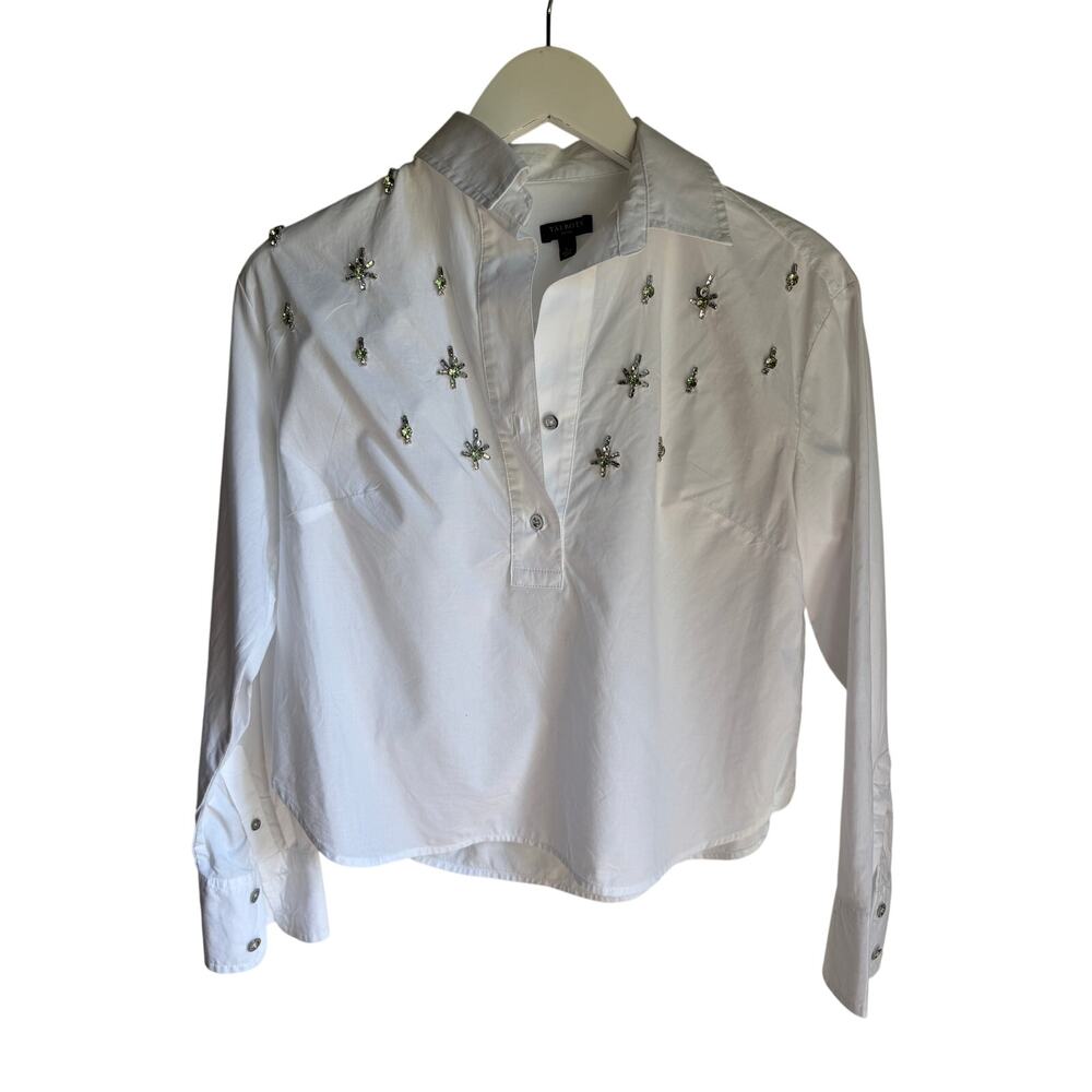 Talbots Petite White Cotton Popover Shirt Rhinestone Embellished Western Country